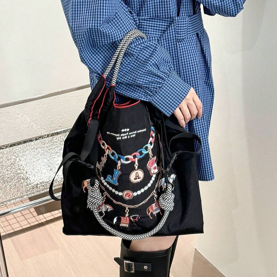 Women Shoulder Bags - Black Chain, Large Size - View 1