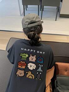 女款寬鬆圓領短袖字母與卡通印花T恤，春夏季休閒 - 深灰色 - 查看 2