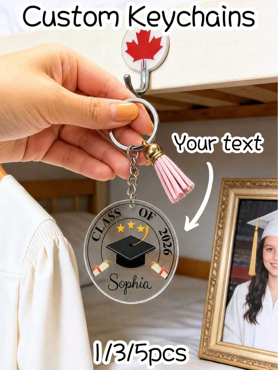 1/3/5pcs Personalized Acrylic Graduation Keychain, Custom Name, Text & Class Year Key Ring, 2D Flat Acrylic Pendant, Graduation Keepsake Gift For Him & Her, Senior 2026 Party Favor, Backpack Charm, Memorial Souvenir, Custom Graduation Gift - Normal - View 1