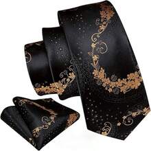 Men's Tie Set, Classic Fashion Tie & Pocket Square Set, Suitable For Weddings, Business And Banquets - Black - View 3