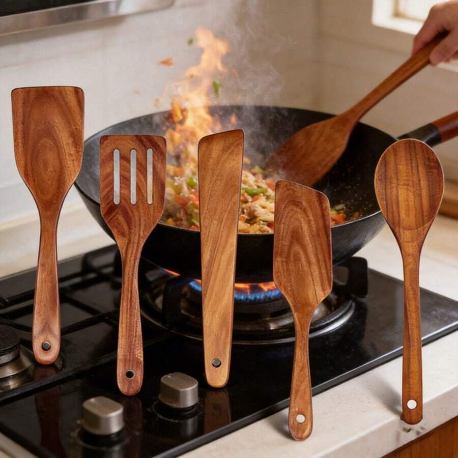 COOKDEVIL 5-Piece High-Quality Natural Wooden Kitchen Utensil Set - Durable Cooking Tools Suitable For Home Dining, Restaurants And Professional Kitchens. Non-Stick Wooden Kitchen Tools - Wooden Spoon Series, Heat-Resistant And Easy To Clean, Kitchen Essential - Wood Color - View 1