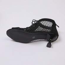 Bottines à talons hauts pour femmes, mode, ajourées, à lacets, patchwork en maille noire, bout ouvert - Bottines sexy à talons aiguilles ajourées et à lacets, talons hauts respirants pour l'été, pour la danse jazz et les fêtes - Noir - Voir 8