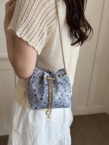 Mini New Fashion Straw Woven Gold Chain Drawstring Bucket Bag Beach Bag - Blue - View 4