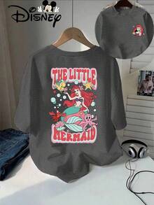 Disney The  Ariel Print T Shirt Women Casual Red Double Sided Short Sleeve Tee With Flounder Sebastian - Light Grey - View 9