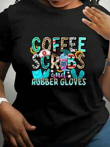Talla Grande - Uniformes Divertidos para Enfermeras - Camiseta de Gran Tamaño con Estampado "Coffee Scrubs & Rubber Gloves", Camisa de Trabajo Elástica de Mezcla de Poliéster para Enfermeras - Negro - Ver 1