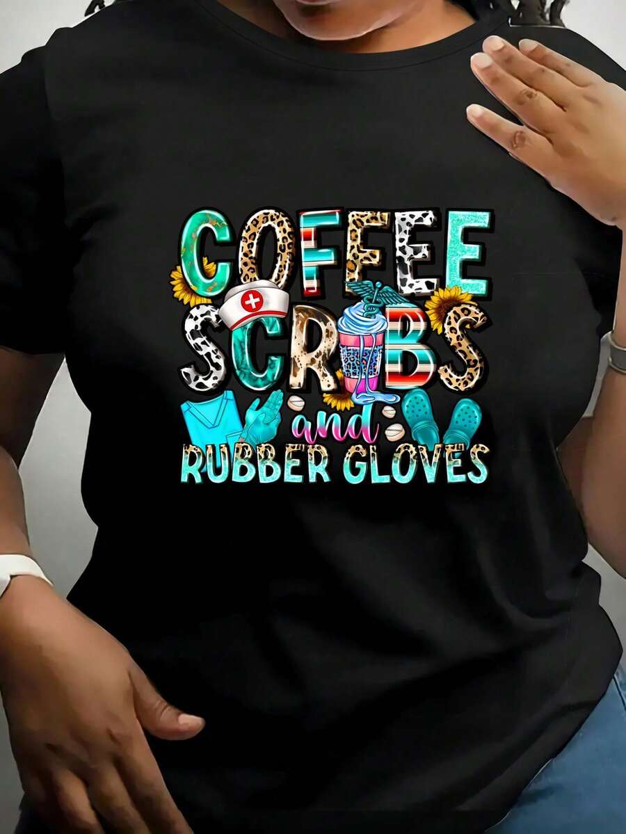 Talla Grande - Uniformes Divertidos para Enfermeras - Camiseta de Gran Tamaño con Estampado "Coffee Scrubs & Rubber Gloves", Camisa de Trabajo Elástica de Mezcla de Poliéster para Enfermeras - Negro - Ver 1