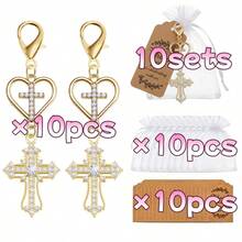 60pcs/20sets Gold Rhinestone Heart Double Cross Keychain, Guest Baptism Favor, Christian Baptism Communion Souvenir, Christian Party Decoration - Multicolor - View 12