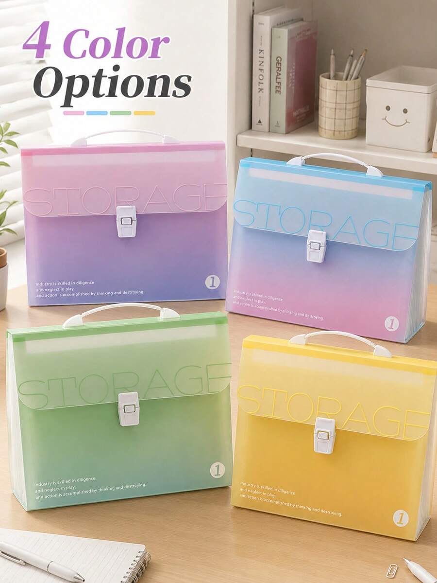 OBOVAY 1pc Gradient Color Expandable File Folder, Aesthetic Modern Premium Plastic Rectangular Accordion Style With Handle Clasp, Large Capacity Portable Document Classification Paper Storage Organizer Box, Suitable For Students School Office Back To School Supplies - Multiple Styles - View 1