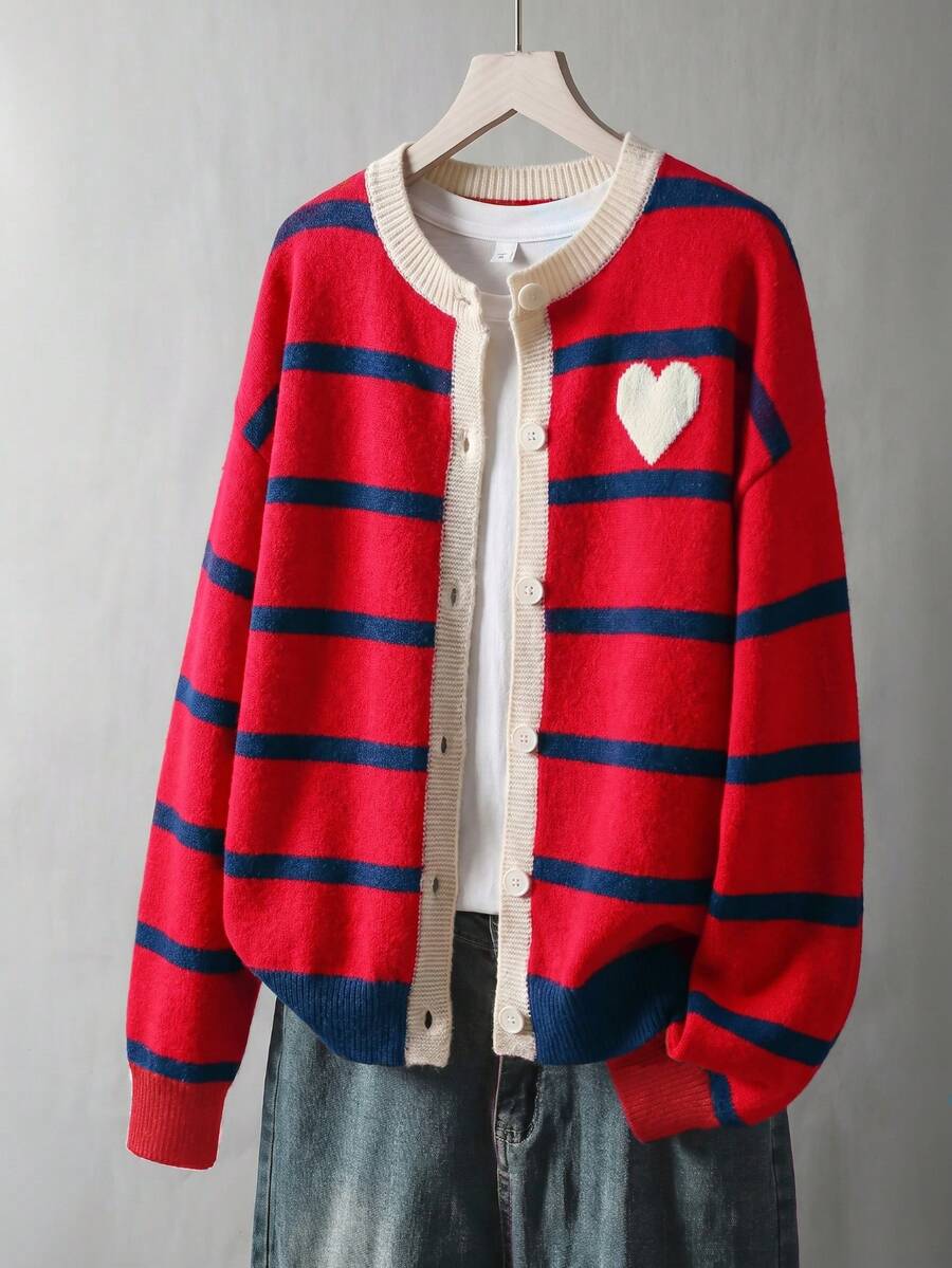 Women's Heart Striped Cardigan, Soft Knit Open Front With Contrast Edge ...