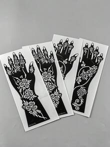 4件裝異國風花卉圖騰紋身貼紙，極簡玫瑰藤蔓，可覆蓋手掌+全前臂，復古奢華風，適合海娜彩繪、派對與造型 - 黑色 - 查看 5