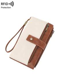 CHARM INFINITE New RFID Anti-Theft Vintage Women's Wallet, Colorblock Buckle Double Zipper Multifunctional Clutch, Multi-Card Slot Trifold Long Wallet With Wrist Strap - White - View 10
