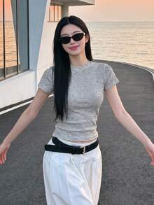 [Y6Y]女款黑色圓領短袖T恤，休閒百搭修身簡約上衣，夏季款 - 花灰色 - 查看 5