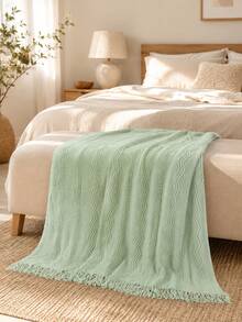 Manta de punto acogedora con detalle de volantes para todas las estaciones, multiusos y cómoda para camping, sofá, tomar el sol y siestas, manta de punto con ribete de volantes, manta de camping - Rayas verticales tres curvas verde menta - Ver 2