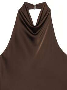 Top de satén de unicolor con cuello halter y espalda descubierta para primavera/verano - Café integral - Ver 4