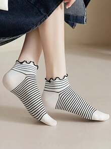 6 pares de calcetines cómodos y lindos a rayas y cuadros, calcetines dulces con borde de volantes para mujer, adecuados para uso diario - Multicolor - Ver 5