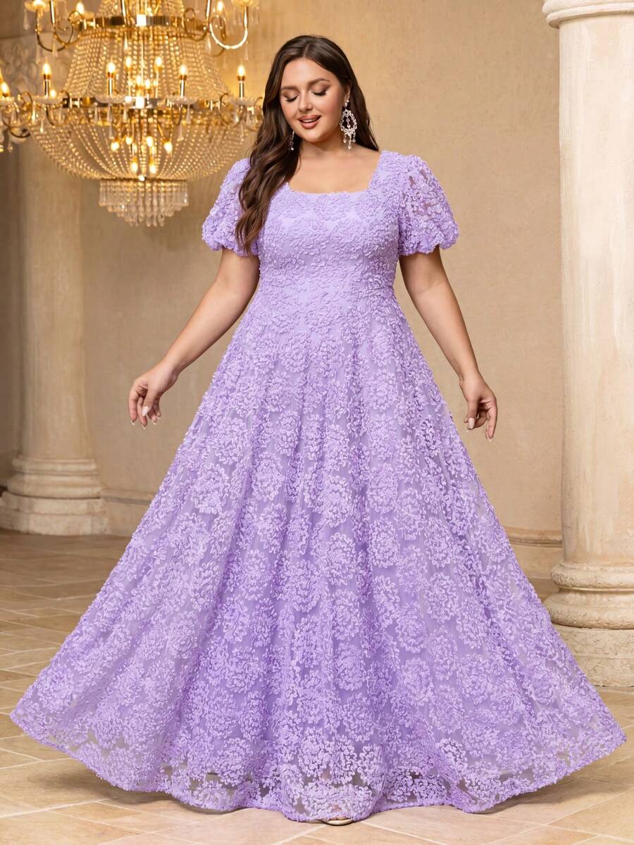 Vestido formal elegante de cuello cuadrado, mangas de farol, falda completa, color púrpura pálido favorecedor para la piel, con bordado pesado - Púrpura malva - Ver 1