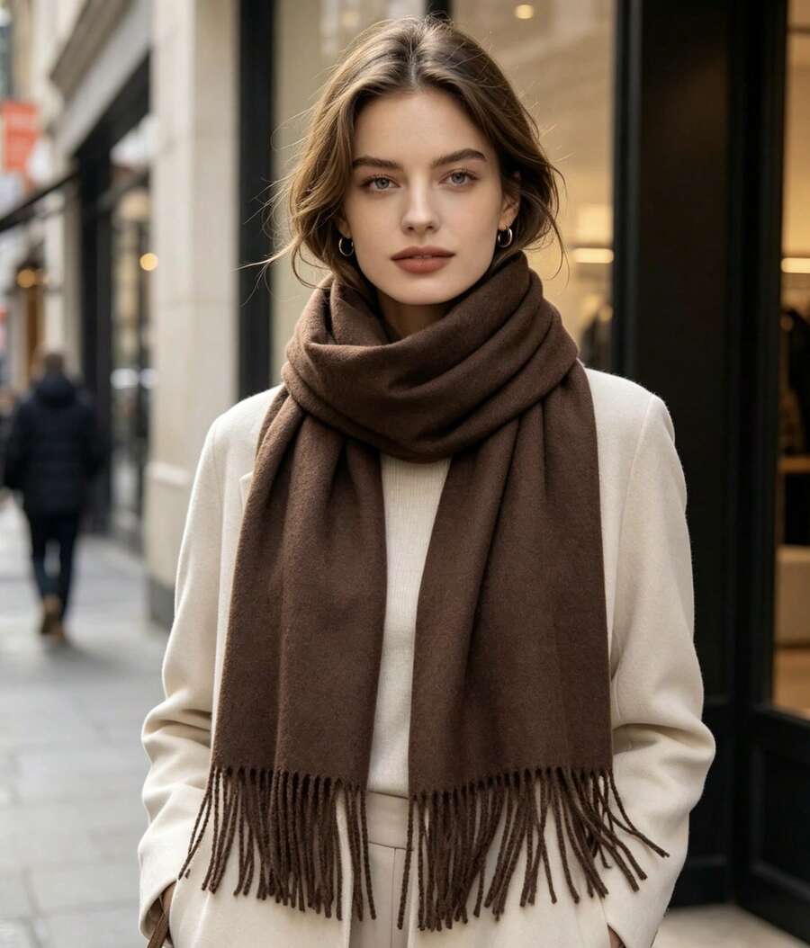 Unisex Thick And Warm Scarves, Solid Color, Fringe Finish, 200-230g, For Winter. - 咖啡棕 - 查看 1