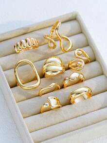 9pcs/Set Fashion Premium Versatile Men's Rings Geometric Asymmetrical Double Layer Water Drop Ring Set High-End Fashion Hand Jewelry Accessories - Yellow Gold - View 5