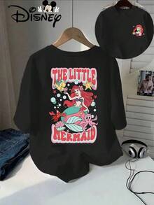 Disney The  Ariel Print T Shirt Women Casual Red Double Sided Short Sleeve Tee With Flounder Sebastian - Light Grey - View 3
