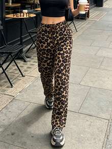 Soulscape PETITE Petite Pantalones Casuales Estilo Vintage Americano Y2K Hot Girl Primavera/Otoño Estampado de Leopardo Clásico para Mujeres, Estilizantes y Alargadores de Pierna Marrón - Marrón - Ver 4