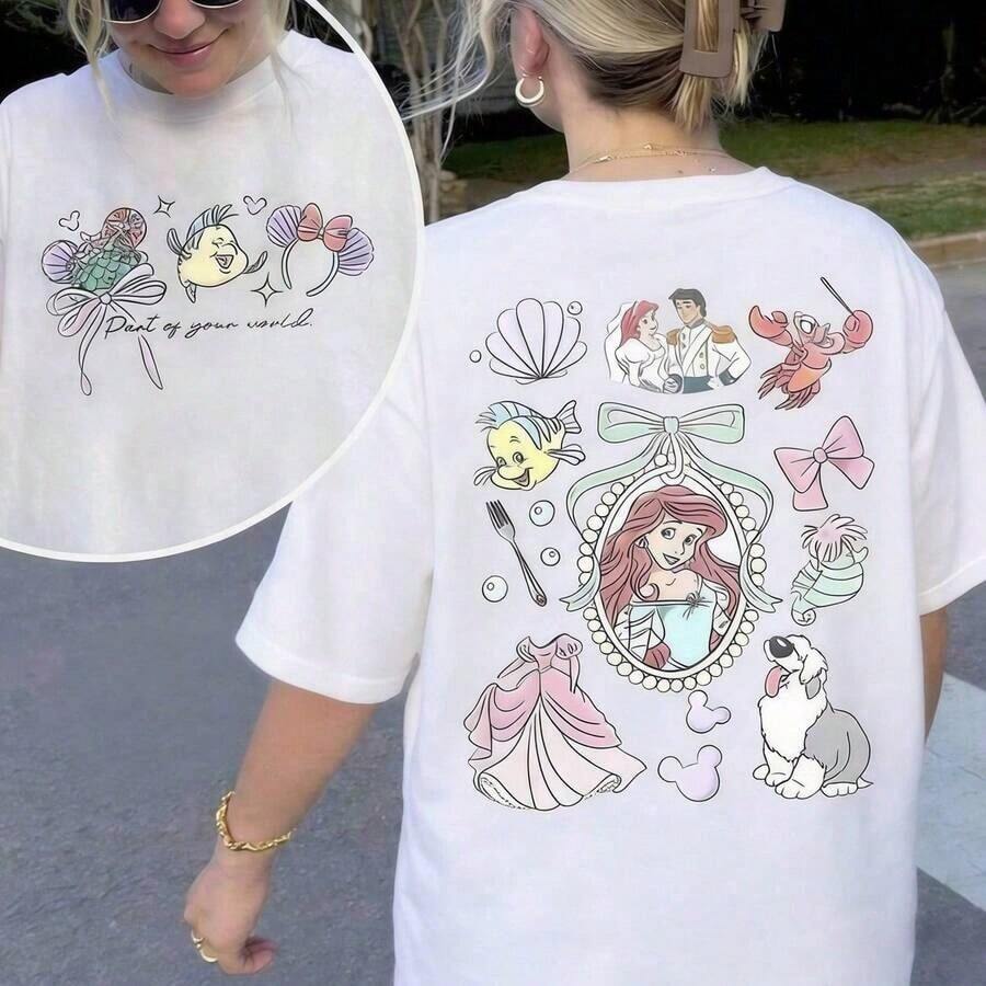 Disney The  Princess Ariel Graphic Print Relaxed Casual Short Sleeve White T-Shirts - 白色 - 查看 1