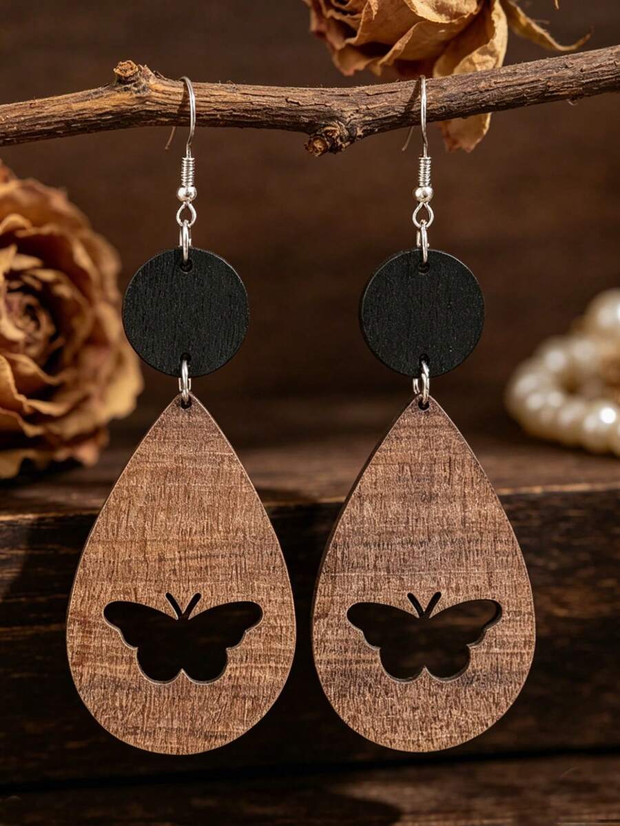 A Pair Of Bohemian-Style Brown And Black Color-Blocked Wooden Openwork Butterfly Earrings, Long Vacation Style Earrings - Brown - View 1