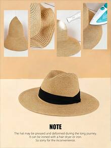 1pc Men's Woven Straw Fedora Hat With Black Ribbon, Breathable Wide Brim UV Protection Sun Hat - Multicolor - View 4