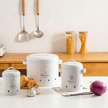 3-Piece Kitchen Storage Canister Set, White Metal Potato Onion Garlic Storage Bins With Lids, Ventilated Food Storage Containers, Farmhouse Style Kitchen Root Vegetable Storage Rack, Fresh-Keeping - White - View 3