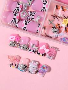 Sanrio Hello Kitty 96片（4款混色）Y2K短方型法式美甲貼片，3D可愛Hello Kitty星星、愛心、花朵與水鑽設計，含1片果凍膠與1個指甲锉，適合女孩日常與派對美甲使用 - 彩色 - 查看 4