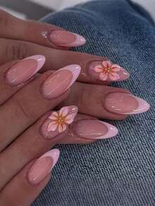 Bộ 24 móng giả 3D dài hình hạnh nhân, trang trí hoa ngọc trai, kèm 1 băng dính hai mặt và 1 dũa móng, nghệ thuật vẽ móng hoa lá lấp lánh cho đầu ngón tay, thích hợp cho tiệc tùng, khiêu vũ và sử dụng hàng ngày. - Hồng - Xem 7
