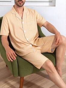 男士夏季短袖短褲條紋印花兩件套睡衣家居服 - 彩色 - 查看 1