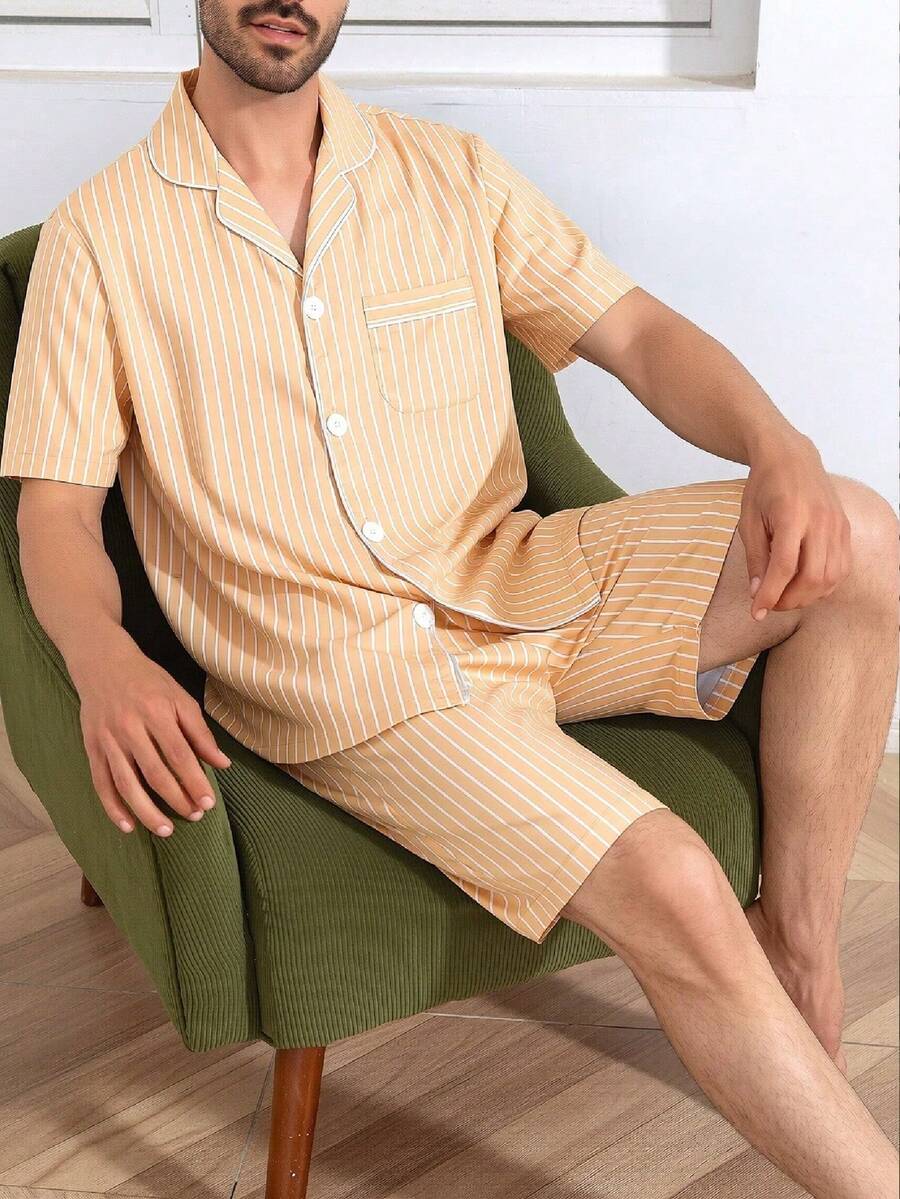 男士夏季短袖短褲條紋印花兩件套睡衣家居服 - 彩色 - 查看 1