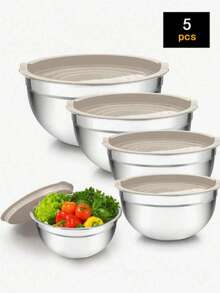 5-Piece Stainless Steel Nesting Mixing Bowl Set With Lids, Suitable For Kitchen Baking, Serving, Airtight Lid Design, Dishwasher , Kitchen Supplies And Accessories - Beige - View 1