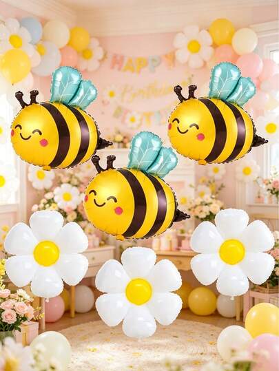 6 piezas/Set Globos de lámina con dibujos animados lindos de abejita y flor de margarita para decoración de Día de San Valentín, boda, fiesta de cumpleaños y reunión