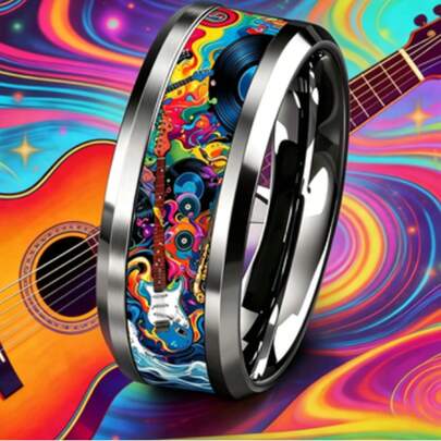 1 buah cincin 8mm warna baja dengan tepi miring dari tungsten karbida, dihiasi dengan pola grafiti musik rock, cincin personalisasi rock vintage, perhiasan yang nyaman dipakai, cocok sebagai hadiah untuk pecinta musik, juga untuk pernikahan, ulang tahun.