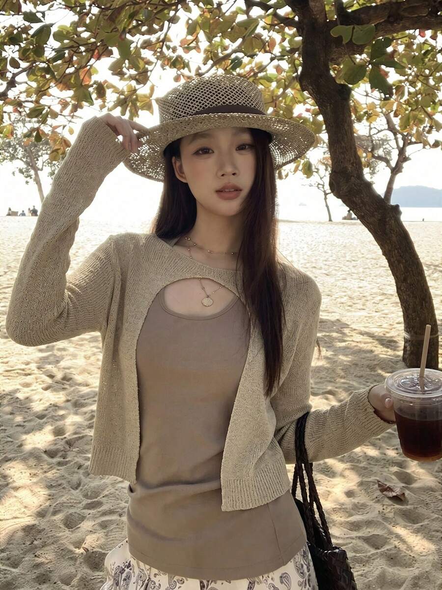 2026 Spring/Summer New Style: Khaki Rear Split Hollow-Out Knitted Cardigan, Slouchy Loose Short Blouse, Textured Elegant Casual Style, Perfect For Vacation, Music Festivals, And Dating Outfits - Khaki - View 1
