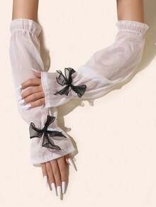1 Pair Women's Solid Color Transparent Mesh Arm Sleeves With Bow Detail, Elegant Long Fingerless Sun Protection Arm Covers, Versatile Formal & Casual Layering Arm Accessory - Multicolor - View 2