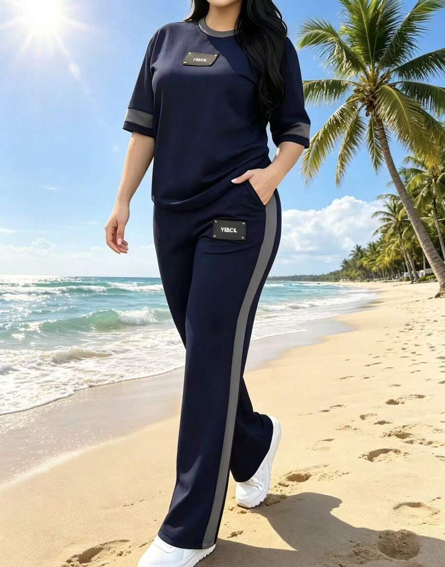 Women's Casual Fashion Outdoor Sports Suit, Crew Neck Short-Sleeve And Long Pants Two-Piece Set, Women's Running Sportswear Women's 2 Piece Outfits,