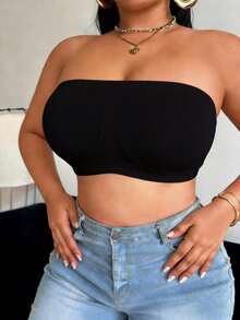 1PC,EssElegance,Plus Size Solid Ribbed Strapless Tube Top,Breathable High Elastic Anti-Slip Seamless Wire-Free Bandeau Bra For Women Daily Layering - Black - View 5