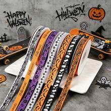 3Rolls/1Roll 1cm*2200cm Halloween Grosgrain Ribbon Set, Pumpkin Ghost Spider Web Pattern Decorative Ribbons For Gift Wrapping DIY Crafts - Multicolor - View 2