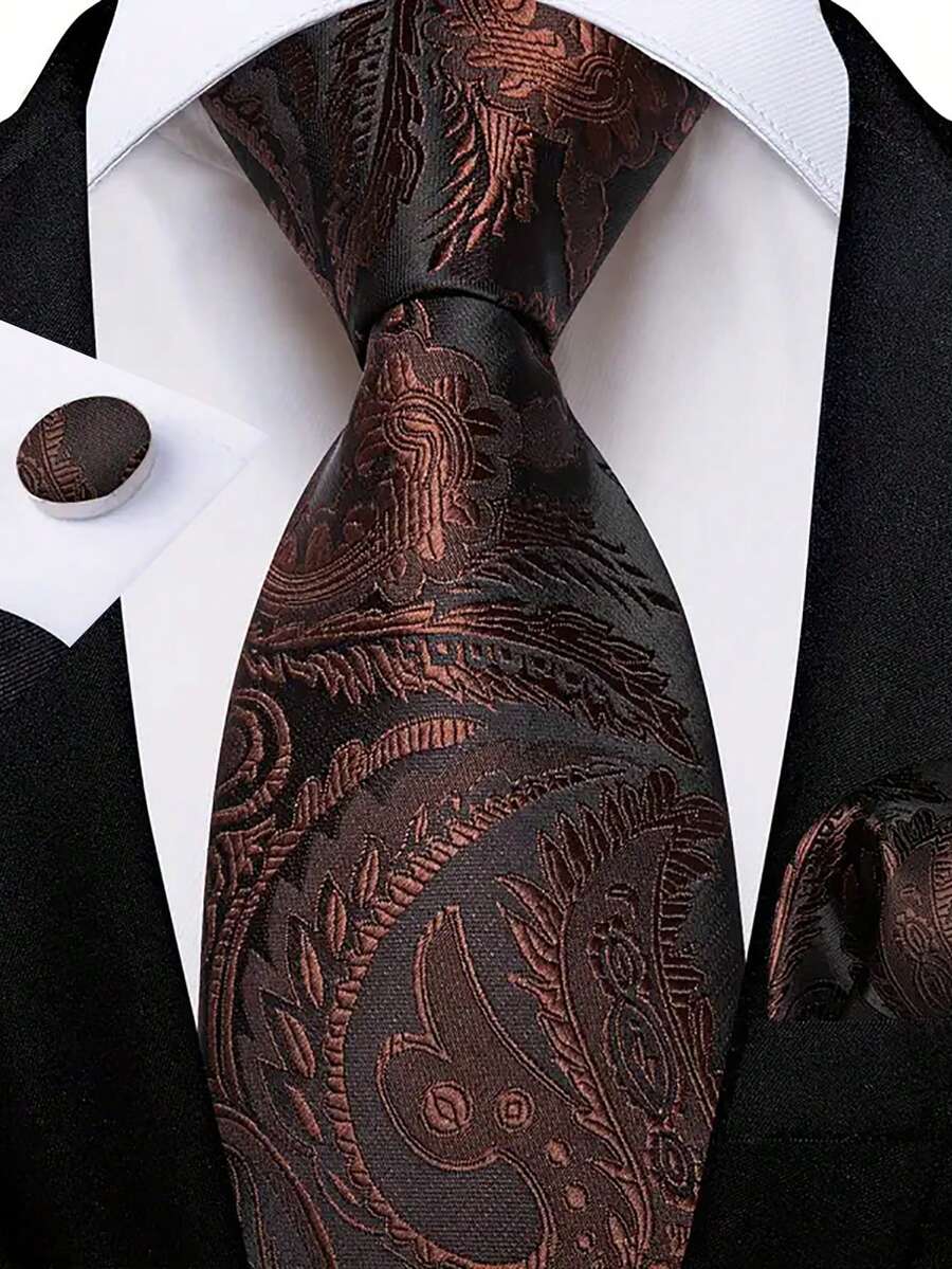Men Tie Sets Classic Fashion Necktie Set With Cufflink For Business Party - Coffee Brown - View 1