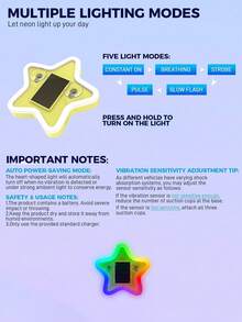 太陽能星星車用 LED 氛圍燈，霓虹發光五角星車窗裝飾燈，3.7V 300mAh 電池供電，適用於汽車後窗、側窗、車內空間及低光環境，低光自動開啟，震動感應燈，免接線簡易安裝，輕巧不佔空間 - 多色 - 查看 9