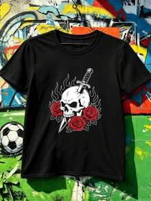 Herren-T-S HIR T Mit Totenkopf-, Rosen- Und Dolchmotiv, 100 % Baumwolle, Bequeme Passform, L?Ssig, Komfortabel, Grafikdesign - 黑色 - 查看 2