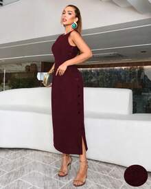 Women's Midi Dress Elegant Casual Buttons Front Simple Button - Burgundy - View 3