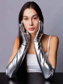 1 Pair Women's Sexy Faux Leather Long Arm Sleeves, Shiny Over-Elbow Gloves, Personalized Party & Evening Accessory, Cool & Chic Fashion Styling Piece, Light Luxury Gloves For Banquet/Party/Wedding - A - View 7