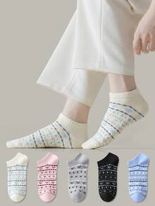 ZUJO 5 pares de calcetines cortos de mujer con patrón de rayas, lazos y corazones, suaves, transpirables y amigables con la piel, adecuados para uso diario en primavera, otoño y verano - Multicolor - Ver 3