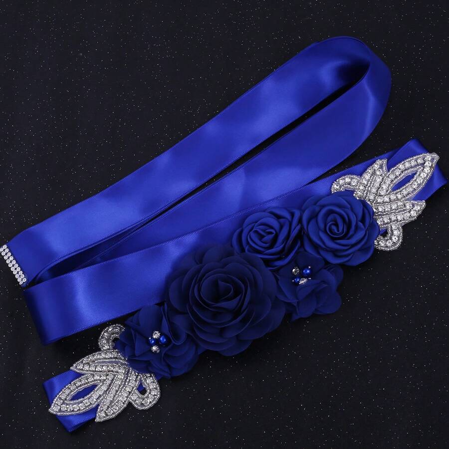1pc Romantic Fabric Flower Handmade Rhinestone Bridal Waist Belt Wedding Dress Decoration Maternity Photography Accessory - Royal Blue - View 1