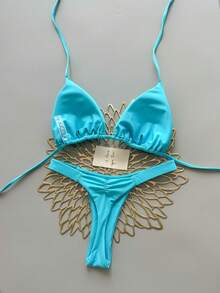 2Pcs Heart Beach Casual Cute Elegant Sexy Bohemian Braided Lace-Up Bikini Swimwear For Beach Vacation Spring Summer, Euro Summer - Baby Blue - View 2