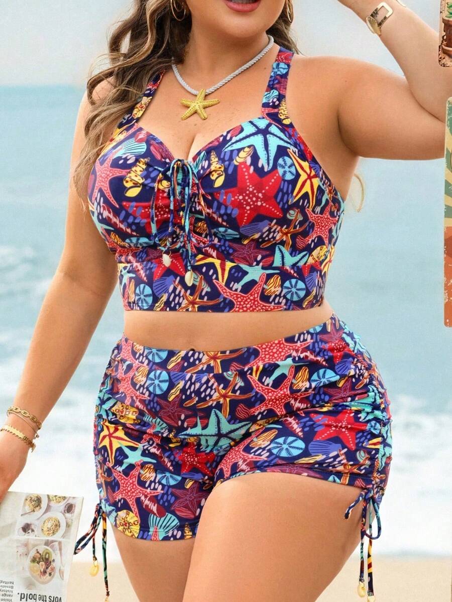 Swim Lushoire Conjunto de traje de baño ajustable de talla grande con estampado de océano, nuevo para vacaciones 2026 - Multicolor - Ver 1