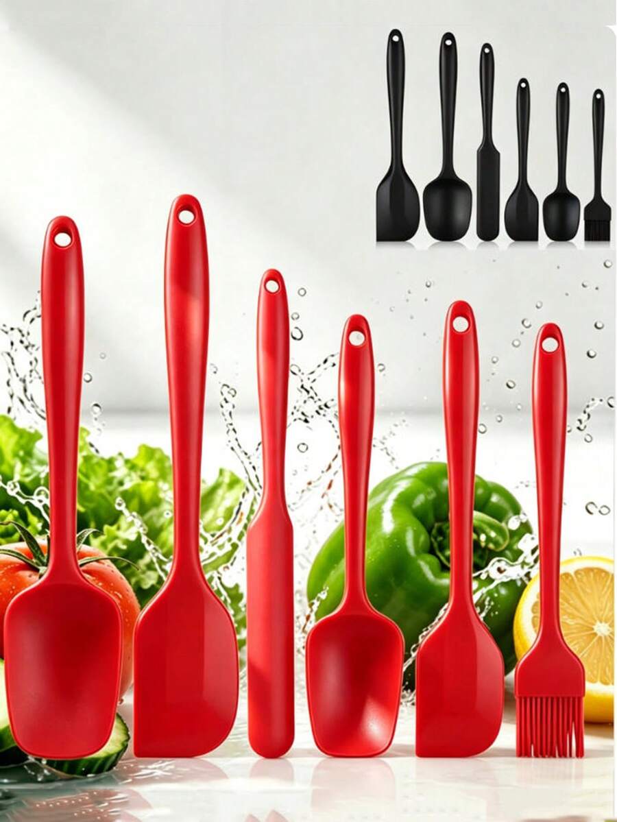 Set Peralatan Memasak & Memanggang Silikon Anti Lengket Tahan Panas 6/3 buah, Pengikis Besar/Pengikis Kecil/Spatula Besar/Kuas Minyak/Spatula Panjang/Pengocok, Untuk Kue & Krim, Aman untuk Mesin Pencuci Piring (Merah, Hitam)